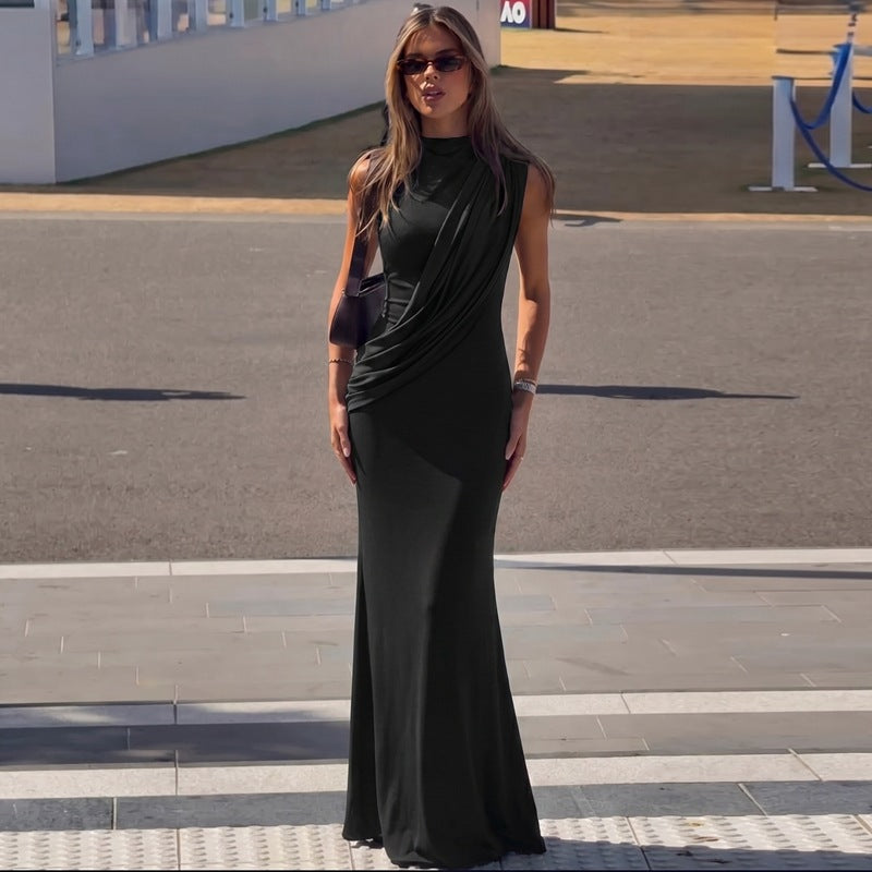 European and american export women's clothing  summer new fashion ruched sexy backless round neck sleeveless bodycon dress
