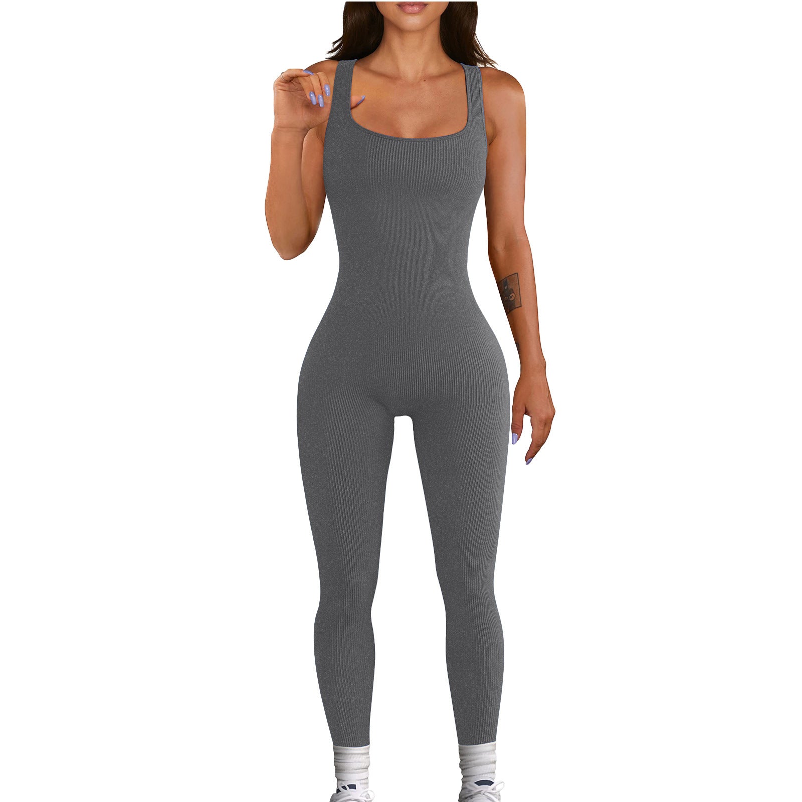 2024 Foreign Trade Women's Solid Color Sleeveless Vest onesie Threaded square neck backless hip lift slim-fit sports jumpsuit