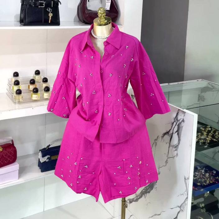 European and american cross-border women's fashion:  summer new arrival - stylish turn-down collar, loose fit, heavily embellished diamond-studded shirt and wide-leg pants set