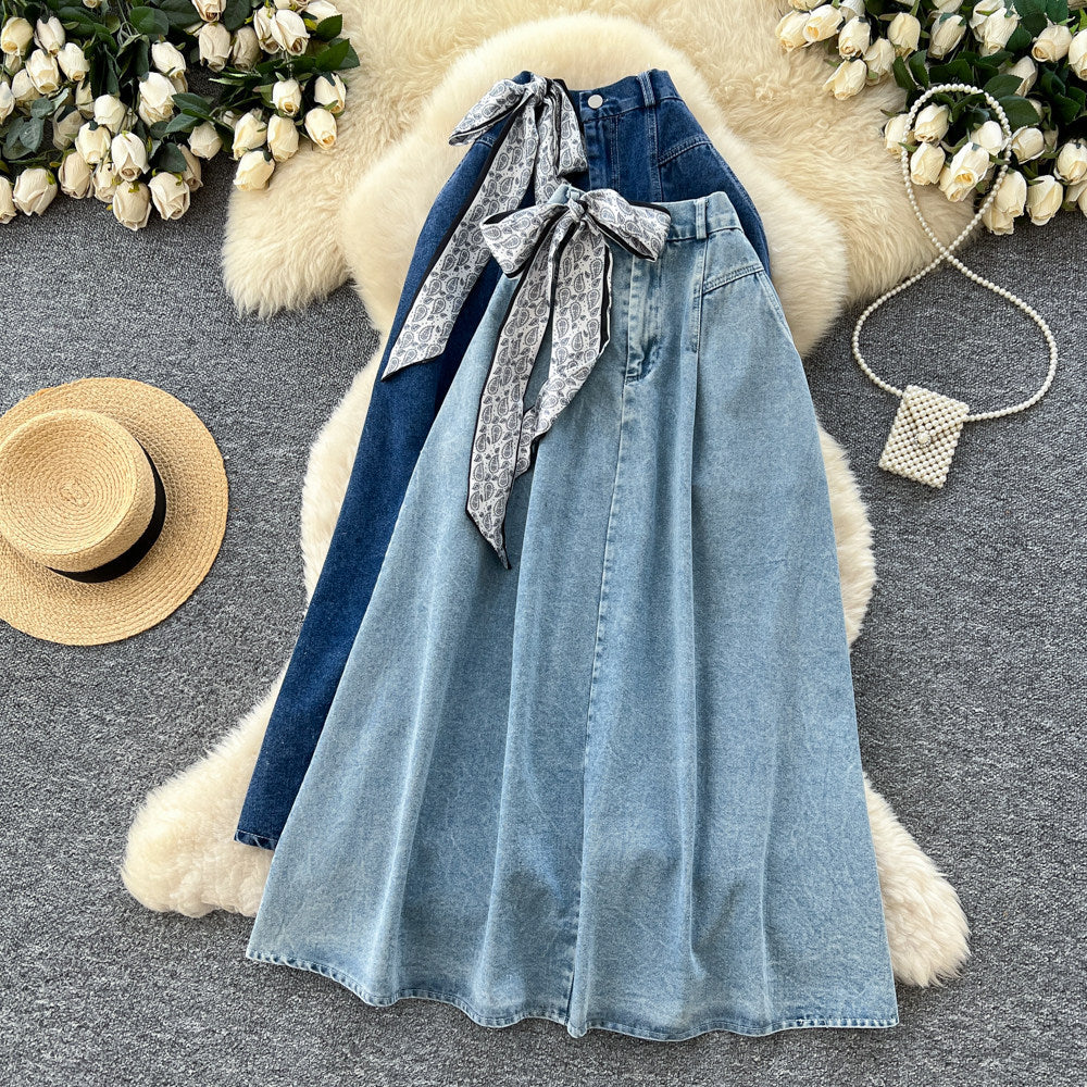 K-styleretroartsy silk scarf denimcasual skirt women's springhigh waistslimming looka-line long skirtwork clothinghong kong style