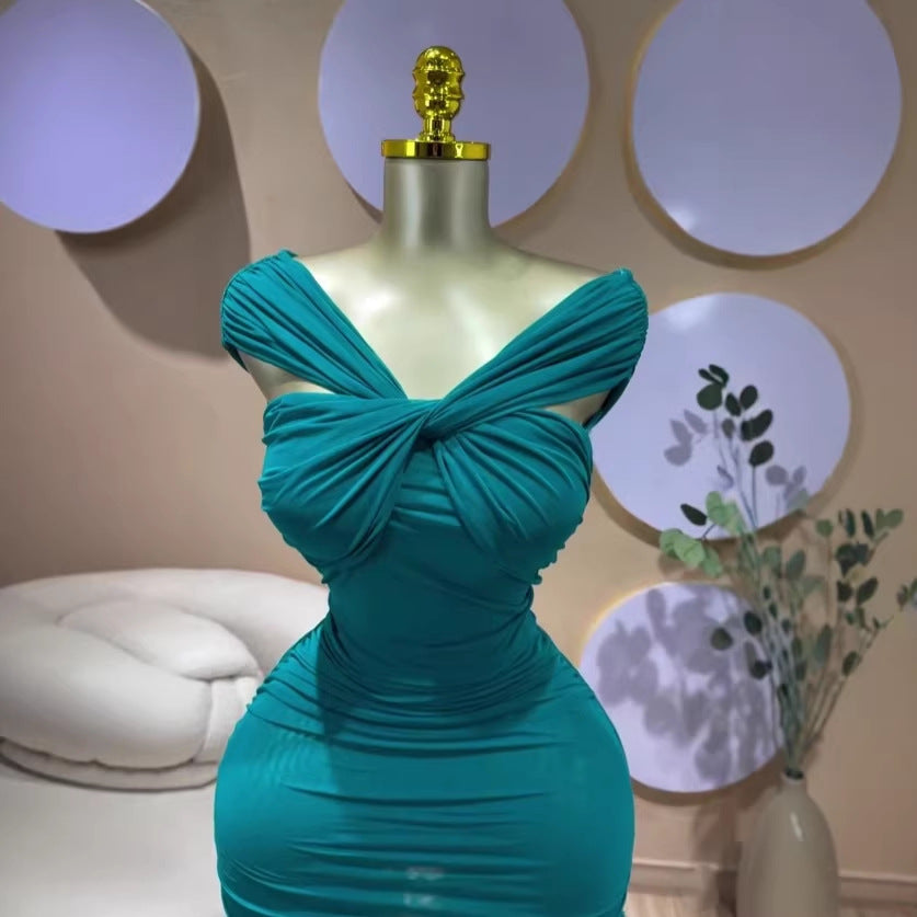 European and american cross-border women's spring  new arrival: solid color sleeveless bandeau ruched bodycon mini dress