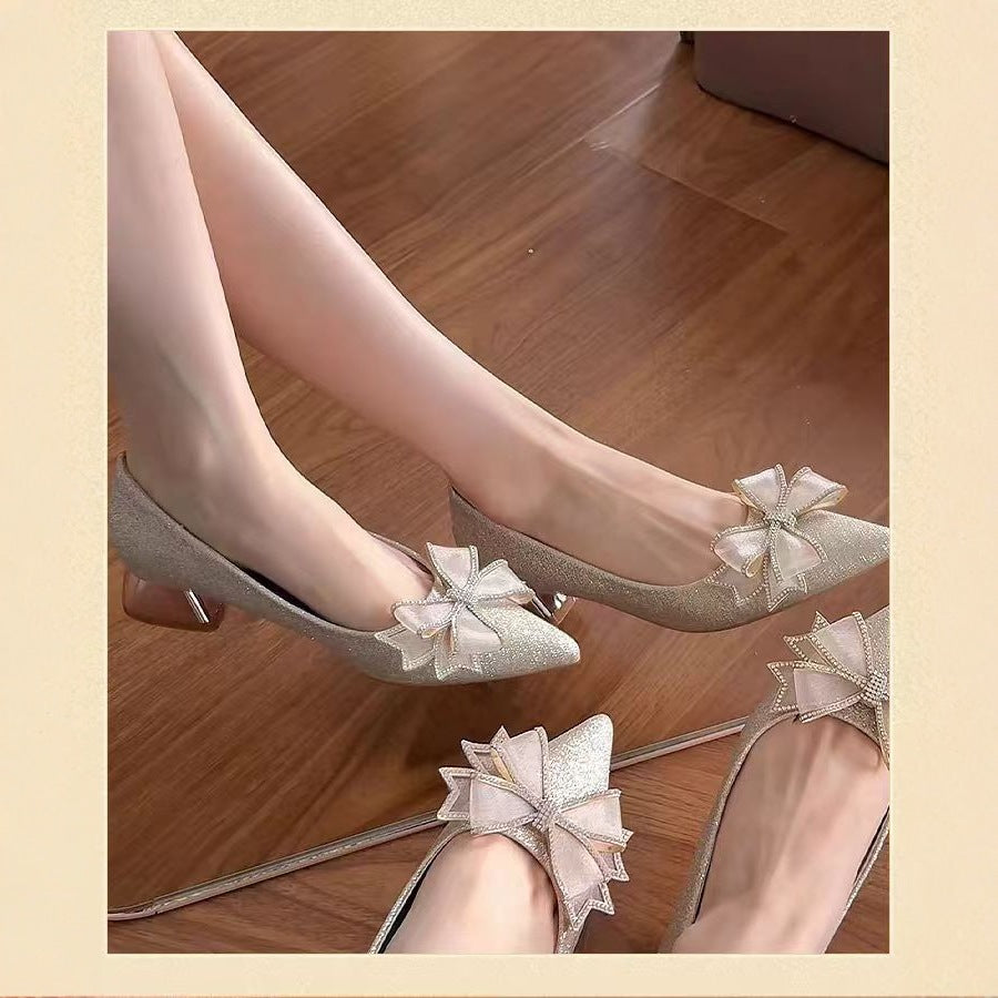 2025 new champagne butterfly wedding shoes women's mid-heel chunky heel party shoes