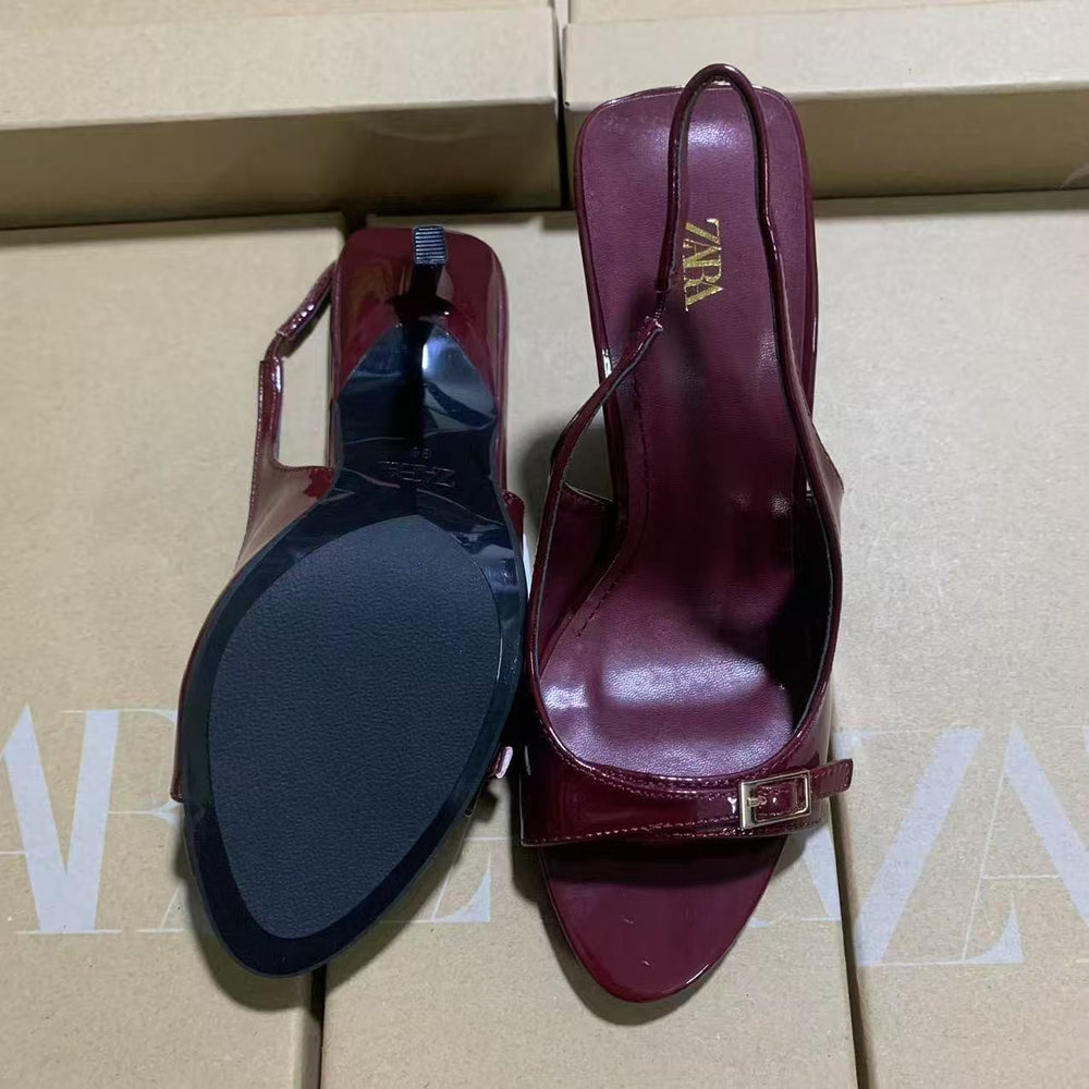 Za's 2025 spring new arrivals: burgundy and black women's patent leather peep-toe pumps with buckled ankle strap and stiletto heel