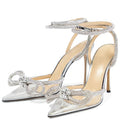 Transparent bow rhinestone high heel sandals pointed toe closed toe stiletto heels fashion european and american cross-border style