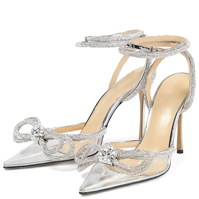 Transparent bow rhinestone high heel sandals pointed toe closed toe stiletto heels fashion european and american cross-border style