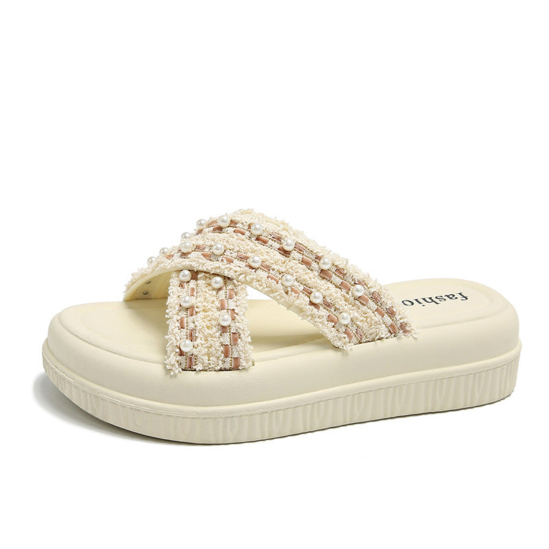 Women's summer sandals: new platform wedge slides, versatile chic style, pearl-embellished criss-cross thong sandals, trendy ins style