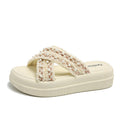 Women's summer sandals: new platform wedge slides, versatile chic style, pearl-embellished criss-cross thong sandals, trendy ins style
