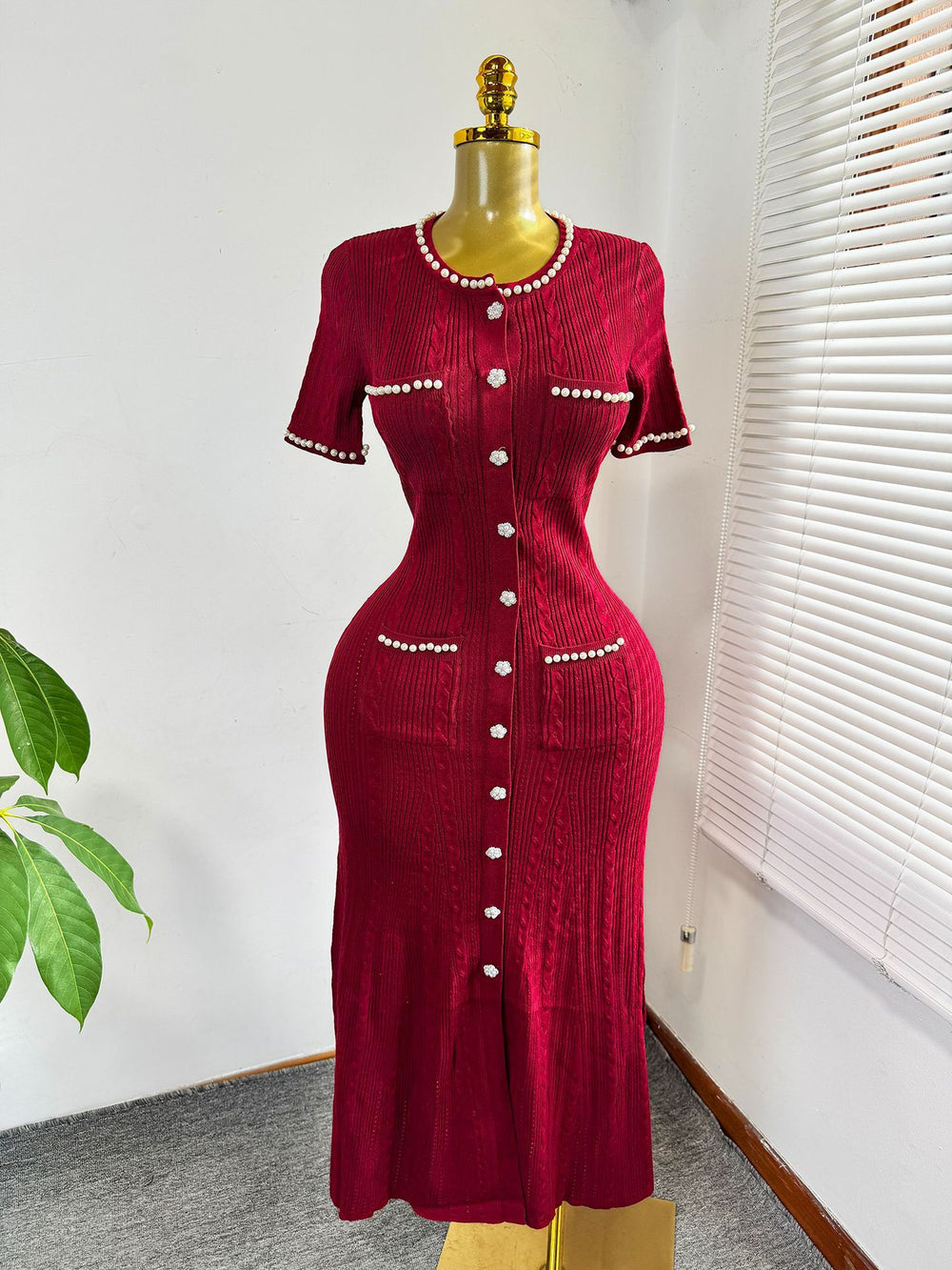 Export women's french tweed style elegance celebrity silm short-sleeved knittingdress beaded fishtail mid-length skirt