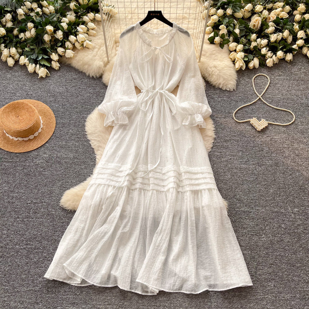 French sweet style lantern sleeve dress - women's spring korean style tie-waist slimming a-line elegant long dress - pink