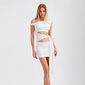 european and american women's clothing  spring/summer new arrivals: solid color asymmetrical neckline sexy cutout tie-up bodycon mini dress