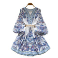 Palace style dress for women new arrivalfashionretrov neck lantern sleeve waist printing a line dress short skirt
