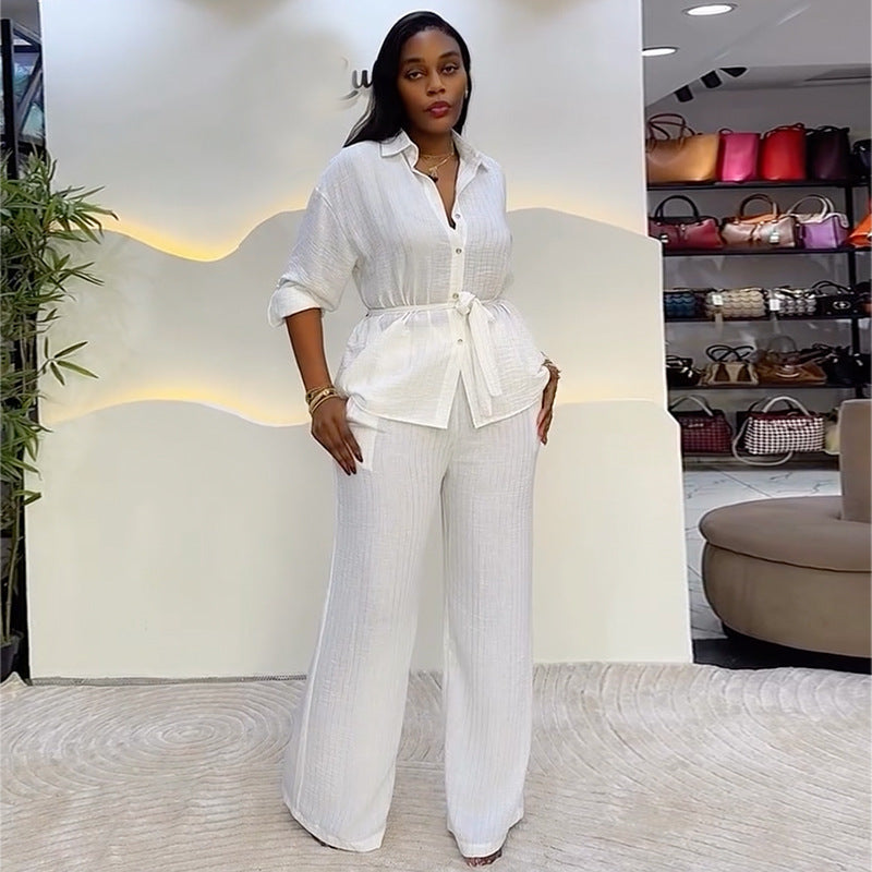 European and american style women's clothing  spring new collection: sweet and fresh turn-down collar single-breasted long sleeve blouse and high-waisted straight-leg pants two-piece set