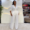 European and american style women's clothing  spring new collection: sweet and fresh turn-down collar single-breasted long sleeve blouse and high-waisted straight-leg pants two-piece set