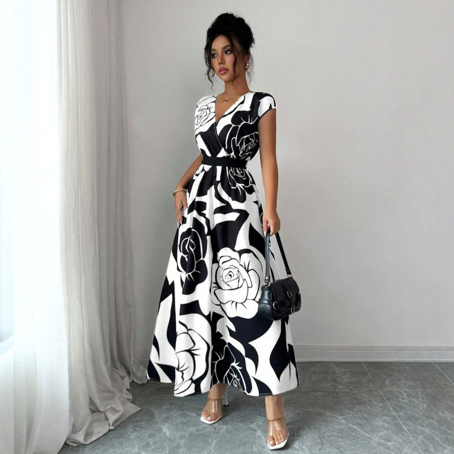 printed a-line dress - women's spring slim fit, waist-defining, figure-flattering, elegant v-neck dress