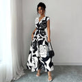 printed a-line dress - women's spring slim fit, waist-defining, figure-flattering, elegant v-neck dress
