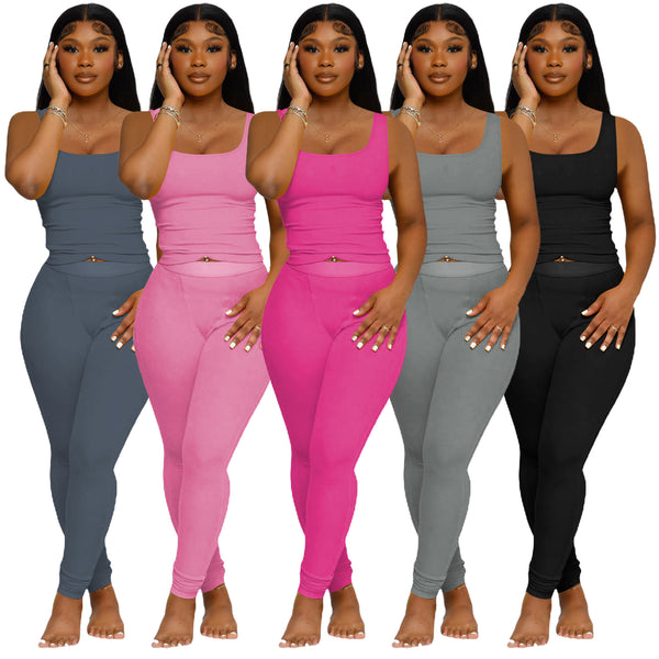 YM008-C12 European and American women's clothing,  new, fashionable threaded solid color vest two-piece set,  women's clothing