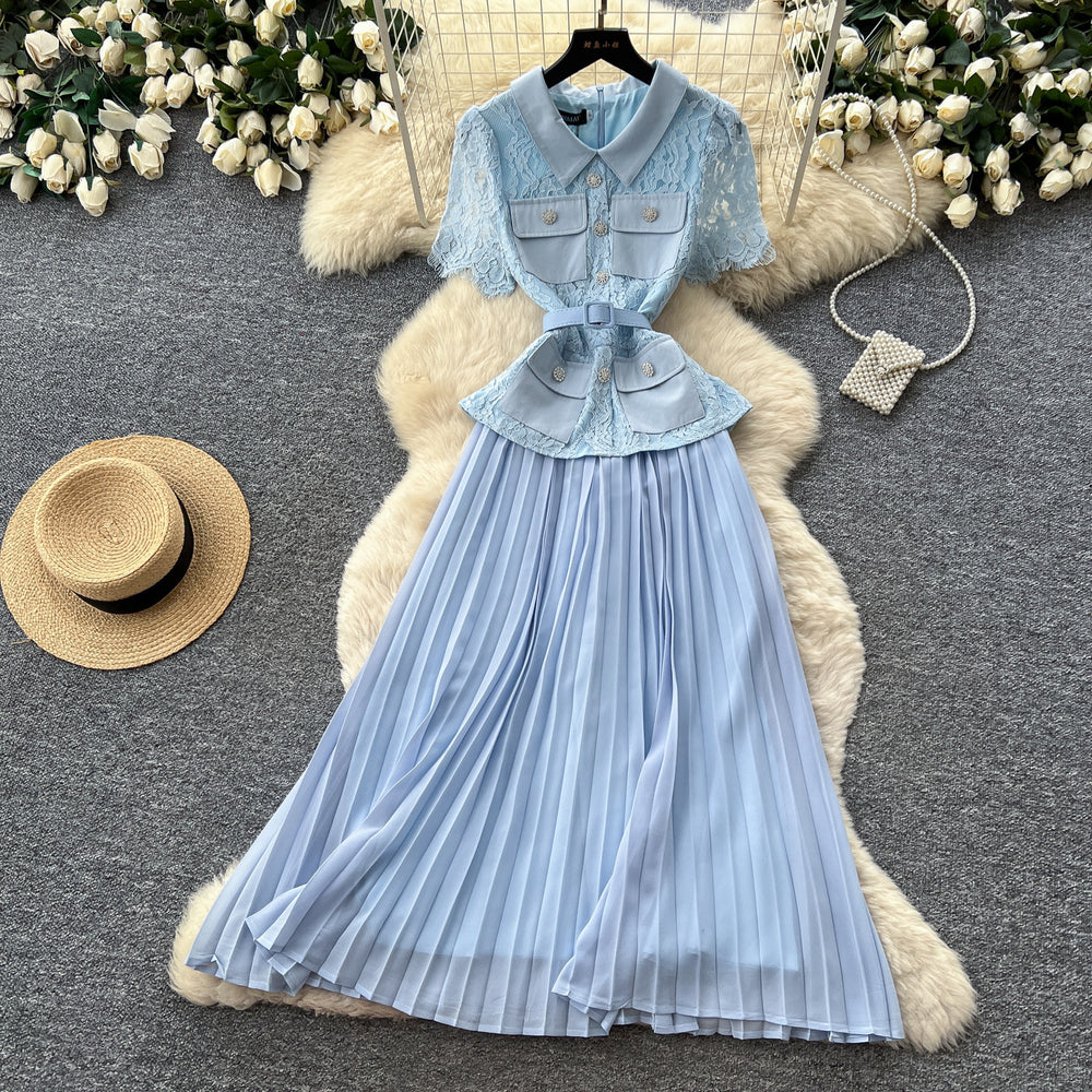 French chic red lapel lace patchwork dress - women's summer high-end commute elegance pleated skirt