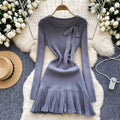 French chic knit dress - autumn/winter collection: bow accent, ruffle trim, unique design, elegant mini dress