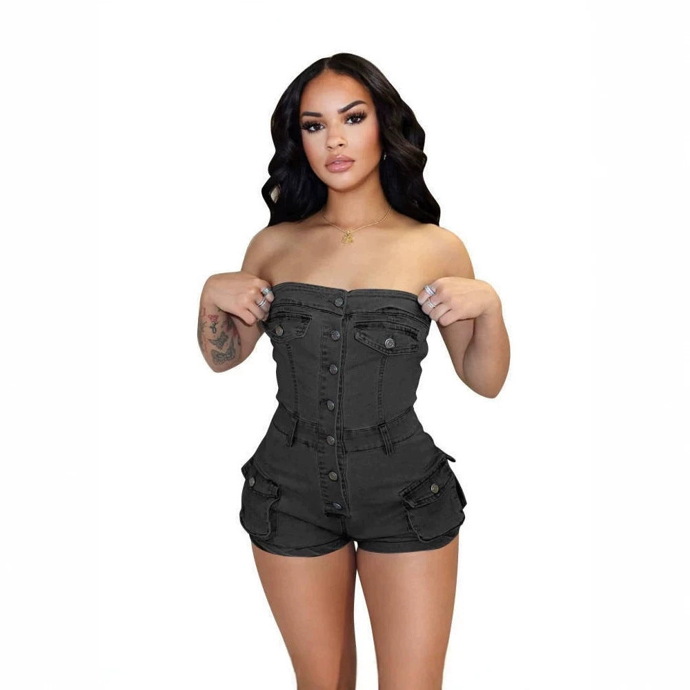 Amazon cross-border  foreign trade trendy sexy european and american denim tube top one-piece shorts hot girl women