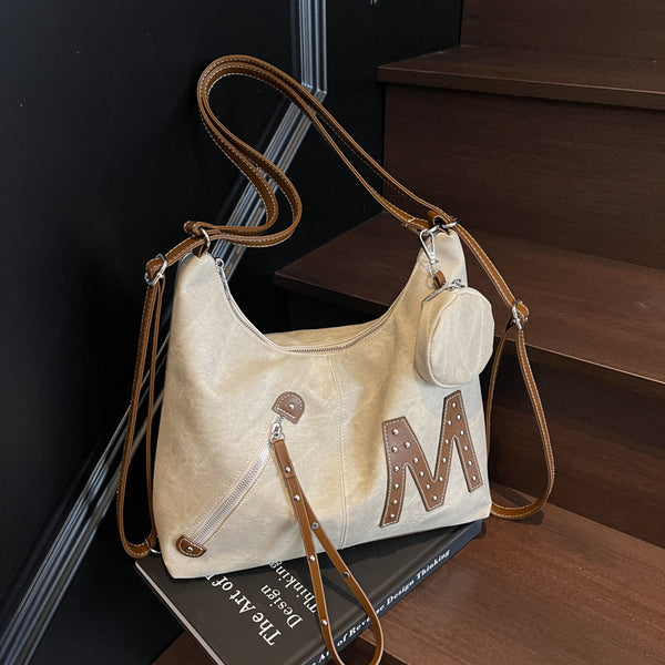 Niche design sense locomotive style cool soft leather double shoulder tote bag fashionable versatile large capacity shoulder messenger bag women