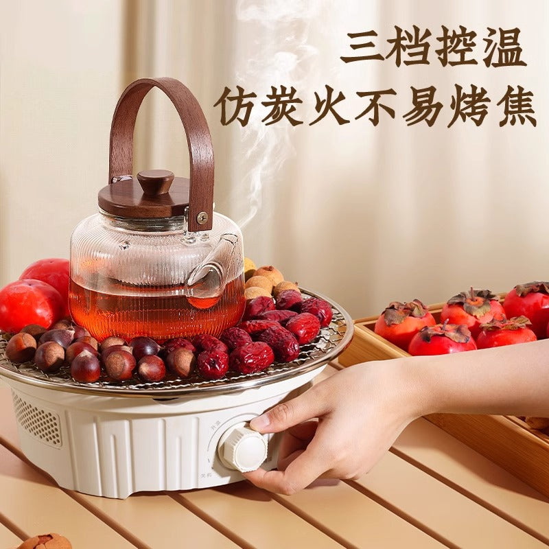 Electric ceramic stove tea set - complete tea brewing kit for home use: includes glass teapot, electric oven, tea cups, fruit plate, and tea accessories