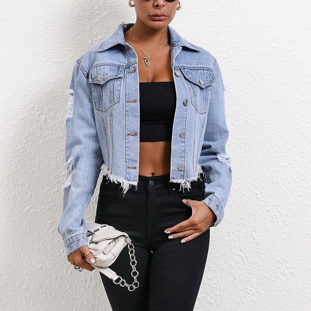 39-35705# cross-border fashionexport women's ins casual loose ripped long-sleeved short denim jacket