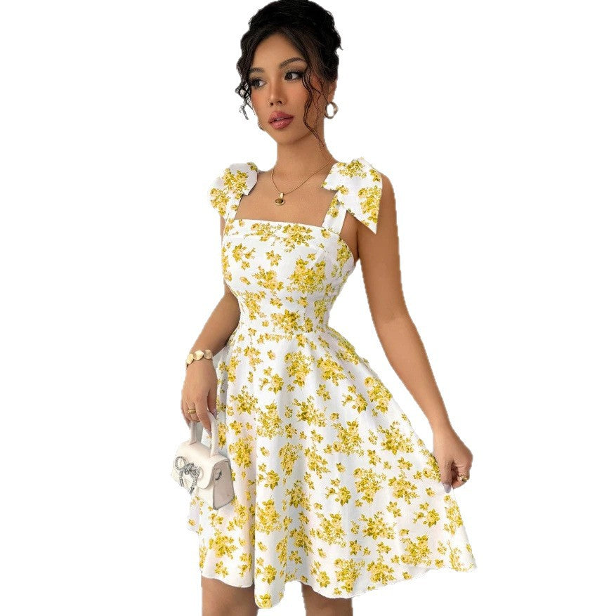 european and american cross-border new arrival: square neck, cinched waist, printed bubble sleeve dress