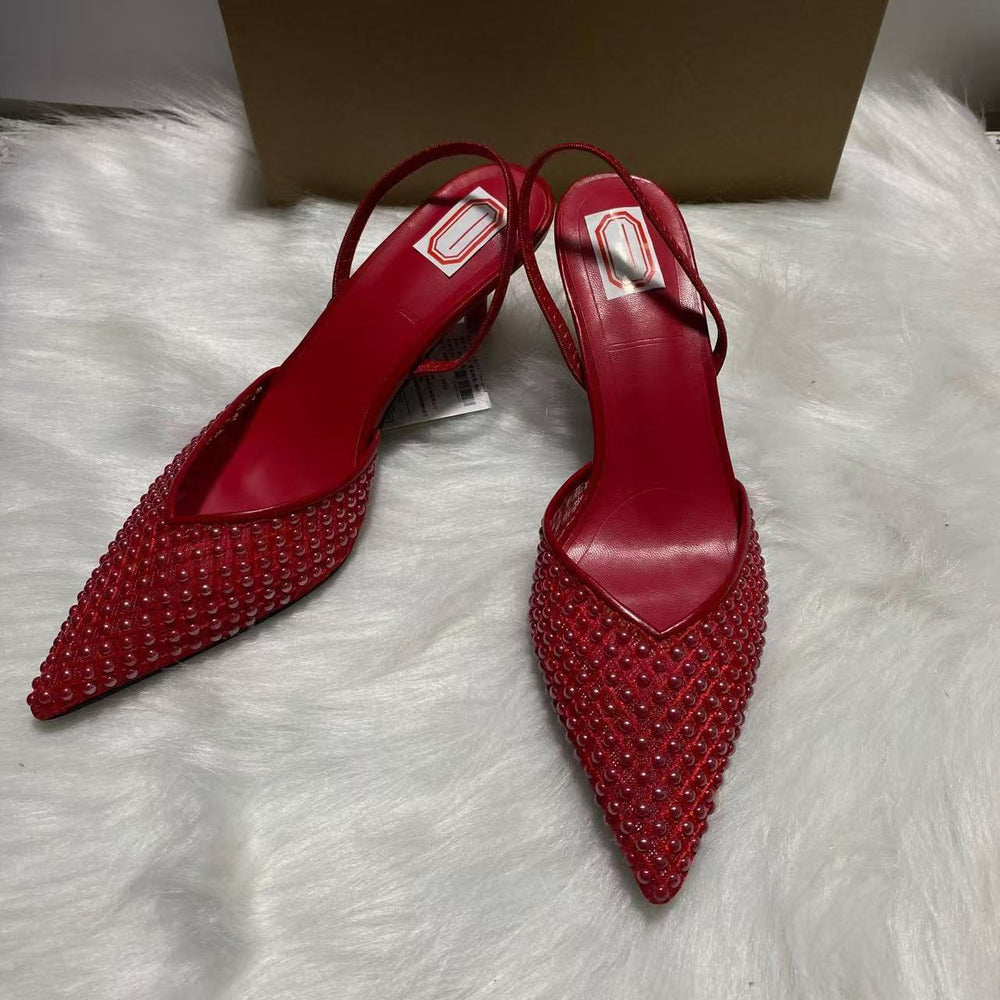 Za2025 summer new korean style red mesh beaded fashionable versatile high heel pointed toe closed-toe mule sandals