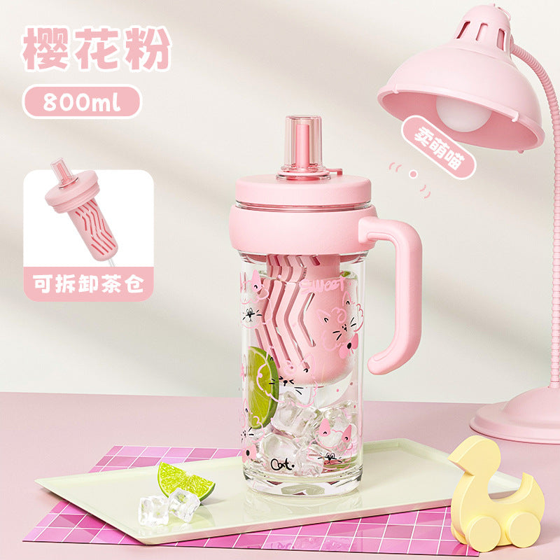 New arrival cartoon jumbo ice cup straw coffee cup large capacity with tea drain high temperature resistant handle straw water cup