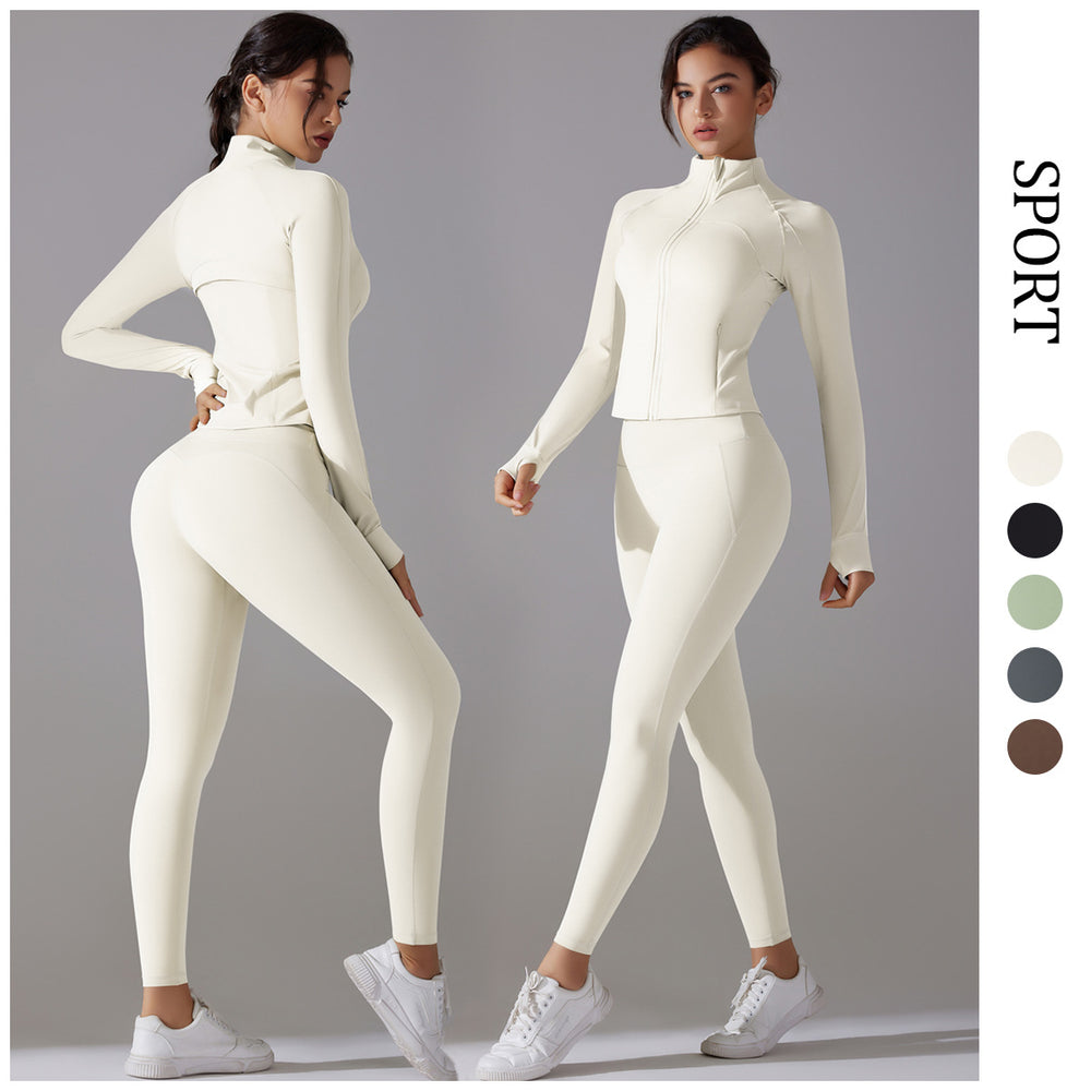Amazon's new stand-up collar zipper long sleeves yoga clothes high waist hip lifting tight pants naked running fitness suit