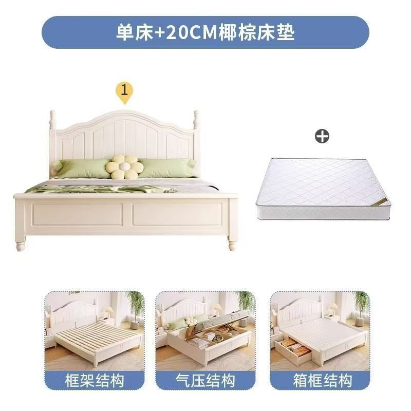 Nordic white cream solid wood bed - modern minimalist 1.8m double bed for master bedroom, 1.2m single bed with storage, wedding bed