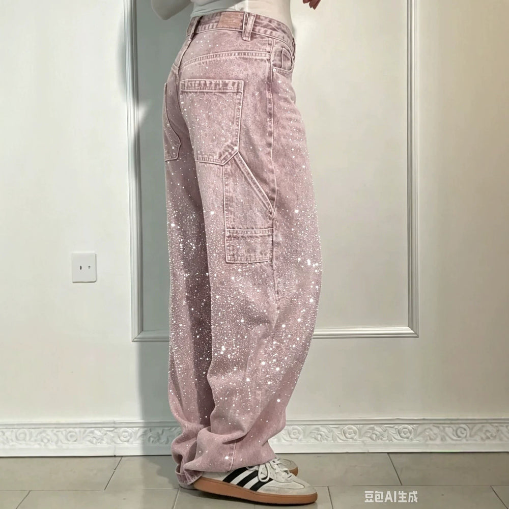 Y2k sweet & cool gradient pink denim jeans for women - starry hotfix rhinestone high-waisted wide-leg pants - sparkly casual trousers
