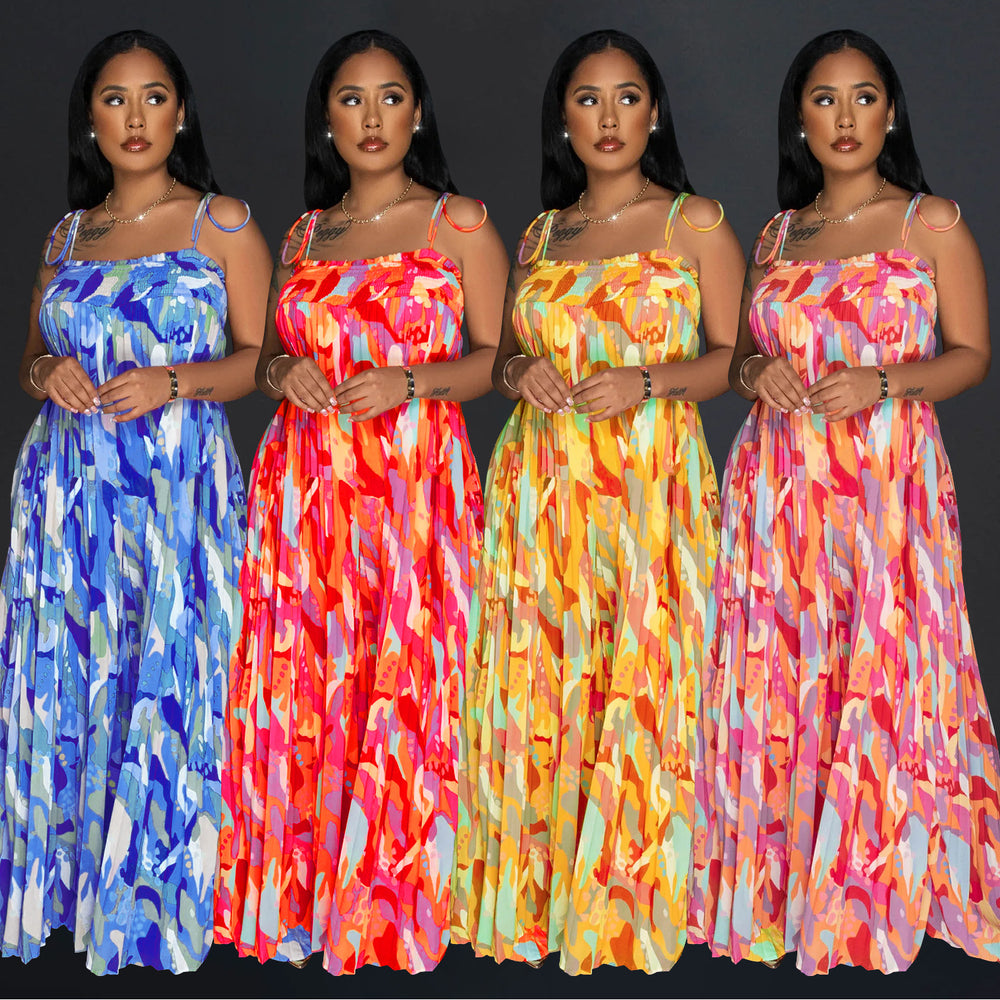 C6878 cross-border   fashion women's sexy printed cami pleated wide-leg jumpsuit