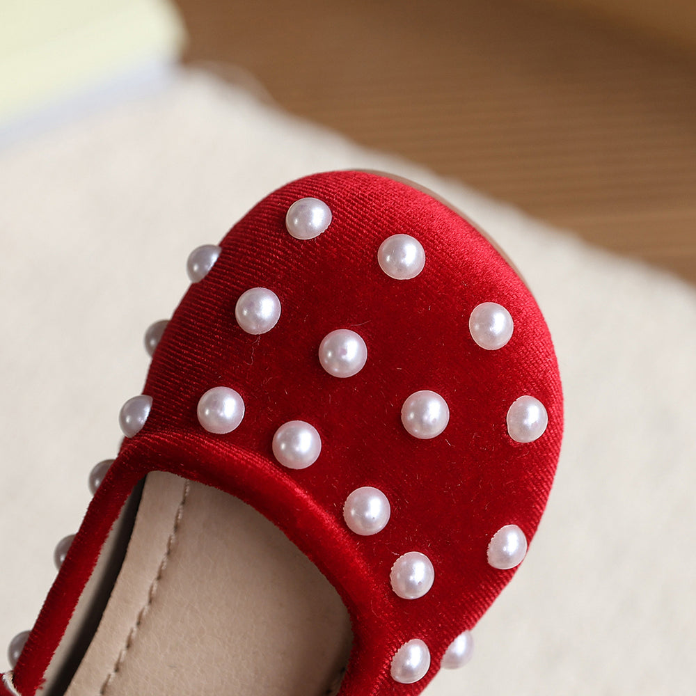 Vancahao girls' french round-toe flats with pearl detail -  spring new collection, soft sole, single strap, flat shoes