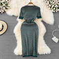 Lightly mature royal sister style round neck silm pleated stripesdresseleganceelegant goddess style classy sense hip-covering long skirt