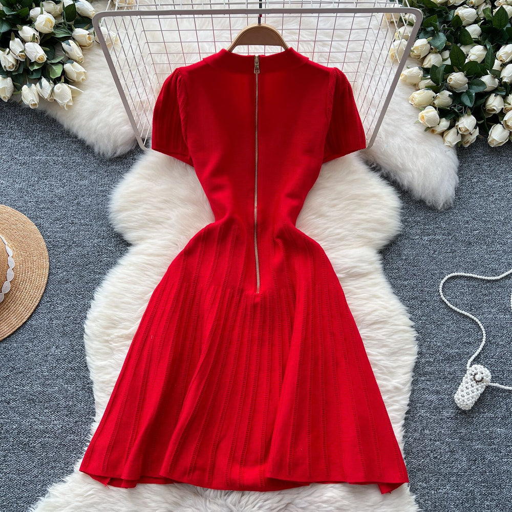 Frenchretro lapel short-sleeved dress female small fragrant style waist slimming lookelegant single-breasted button age-reducing sweater skirt