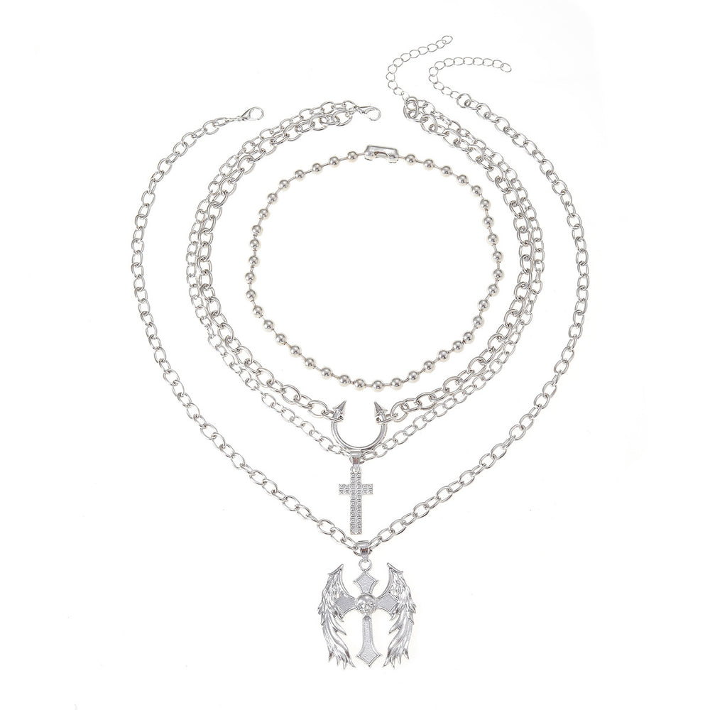 Wholesale cross pendant necklaces - cross-border creative halloween necklaces - layered design angel & devil clavicle chains