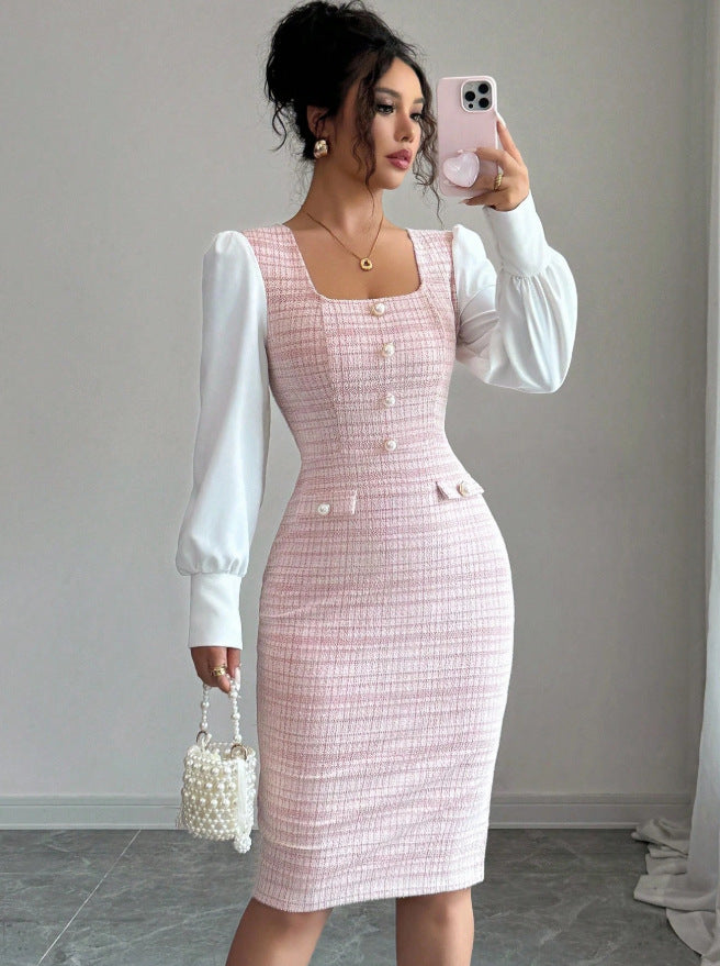 new european and american cross-border pink chanel-style square neck puff sleeve slim-fit french dress