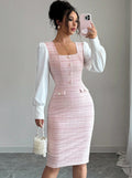 new european and american cross-border pink chanel-style square neck puff sleeve slim-fit french dress