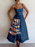 design-forward, niche print cami dress - midi length a-line, vacation style women's dress - perfect for resort looks