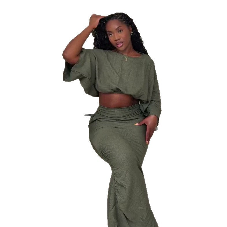European and american cross-border women's fashion  summer new arrival: casual round neck solid color cropped top and bodycon midi skirt set