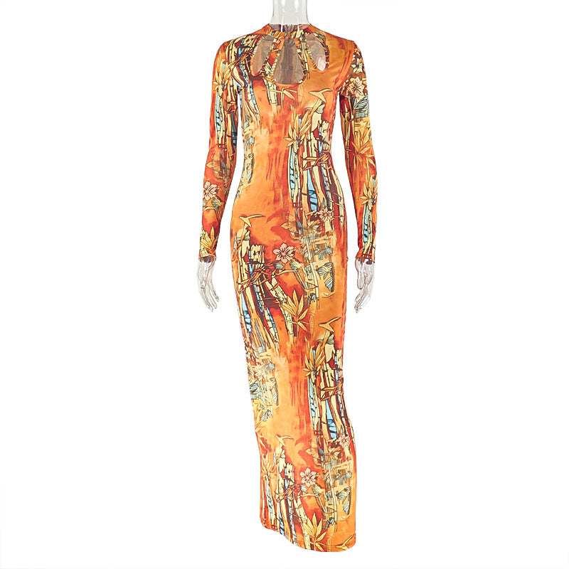 Fashion styleexportprinting color matching women's clothing cut out silm hip skirt round neck long sleevesretroelegant trendy dress
