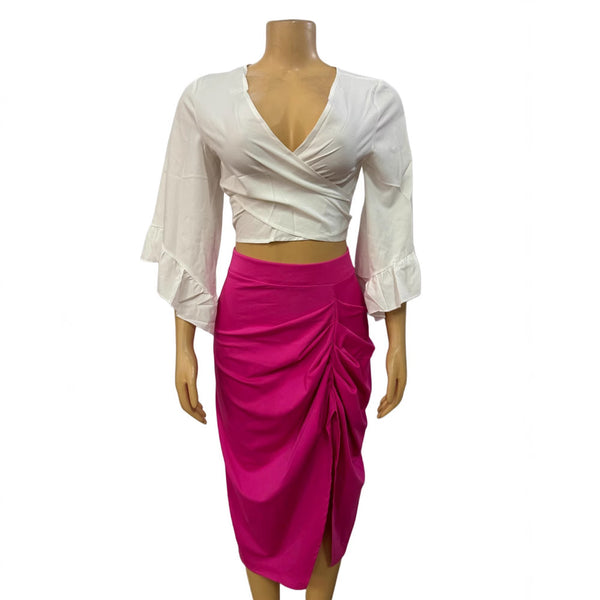 European and American women's clothing   new straps, off-the-button ruffle edge top, irregular pleated skirt set