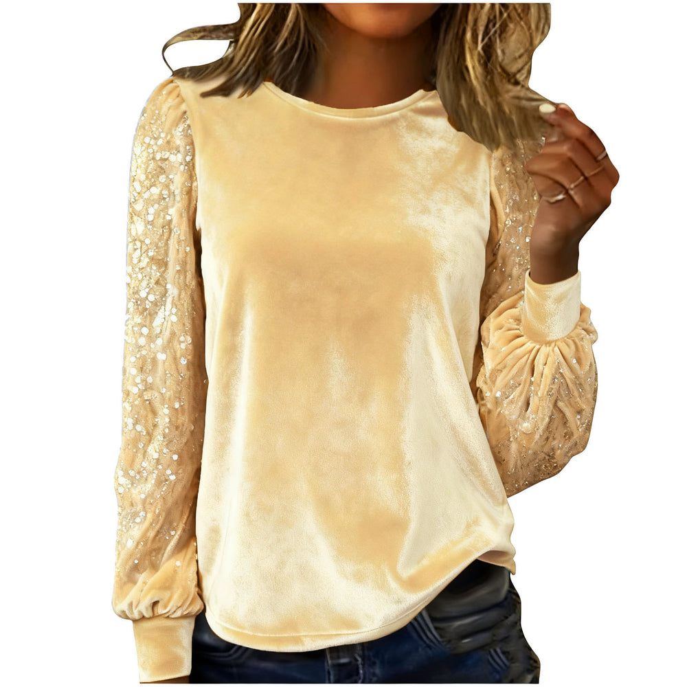 new arrival: independent e-commerce fashion women's gold velvet crew neck sequin patchwork long sleeve t-shirt top (us & european style)