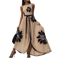 Amazon european style elegant floral print round neck long sleeveless dress - new summer collection