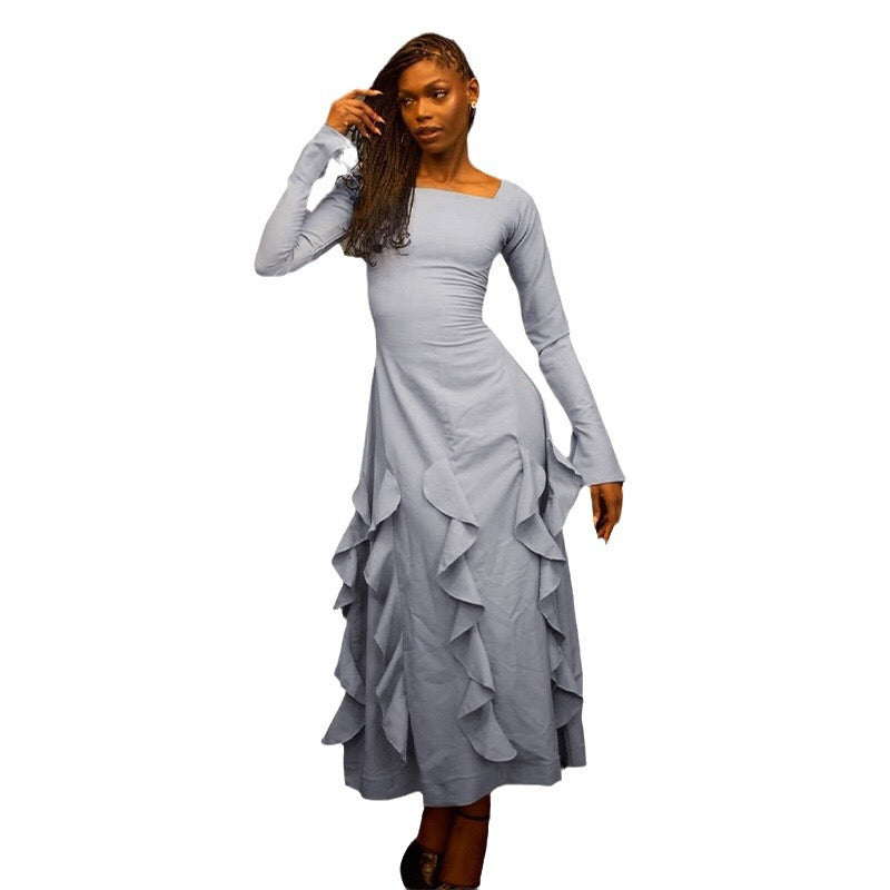 European and american cross-border chic women's clothing:  autumn new arrival - solid color long sleeve square neck slim fit ruffle hem maxi dress