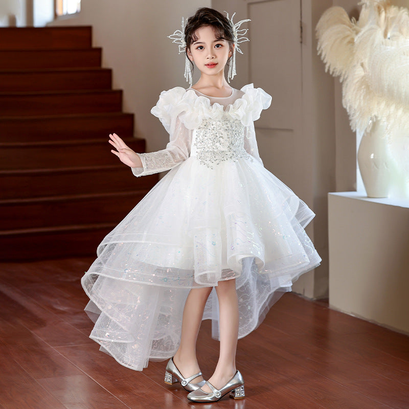 Girls' formal dresses with train, new  princess style, mesh, chic flower girl wedding dress, swallowtail skirt, wholesale ready stock, spring/autumn collection
