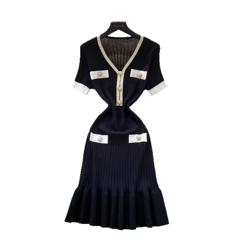 Frenchretrocontrast colorv neck short-sleeved metal buckle waist knittingdress women's summer silm fishtail hip skirt