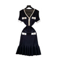 Frenchretrocontrast colorv neck short-sleeved metal buckle waist knittingdress women's summer silm fishtail hip skirt