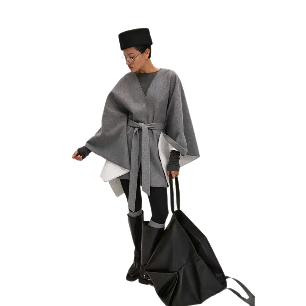 cross-border fashion women's winter coat: elegant solid color wool blend cape with tie waist